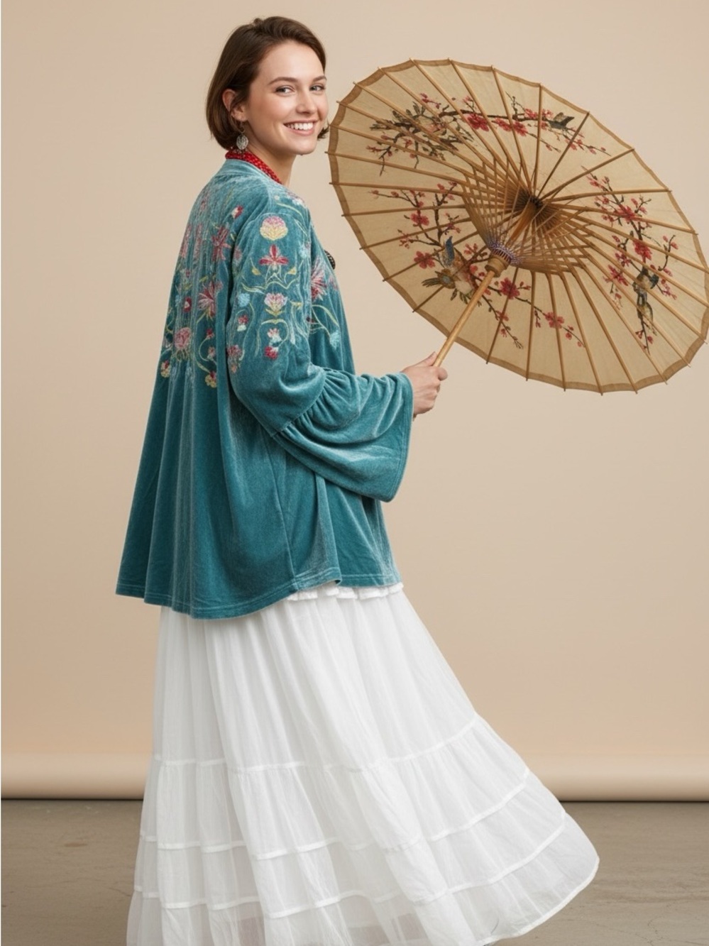 Embroidered Velvet Bell Sleeve Boho Kimono Cardigan - Picture 10 of 10